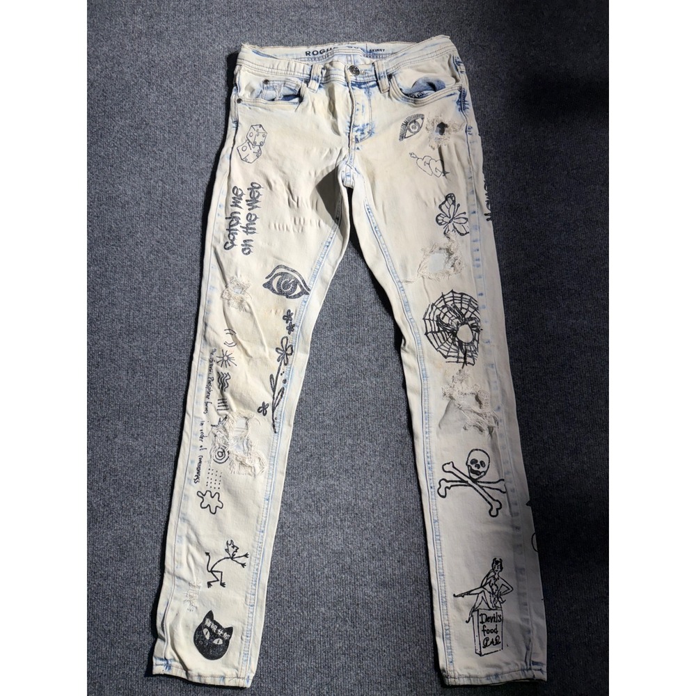 Rogue Mens‎ 30W Skinny Jeans Light Acid Wash Tattoo Graphic Distressed Punk Rock